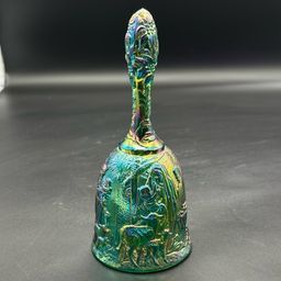 FENTON GLASS FENTON EMERALD GREEN NATIVITY CARNIVAL GLASS BELL