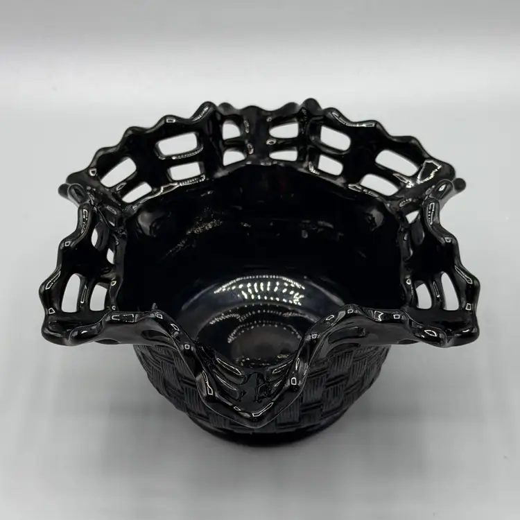 Fenton Black Glass Lattice Edge Basket weave Dish Bowl Ebony