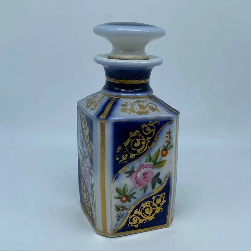 #4207 Antique Rococo French porcelain flask with floral and gilt decoration.