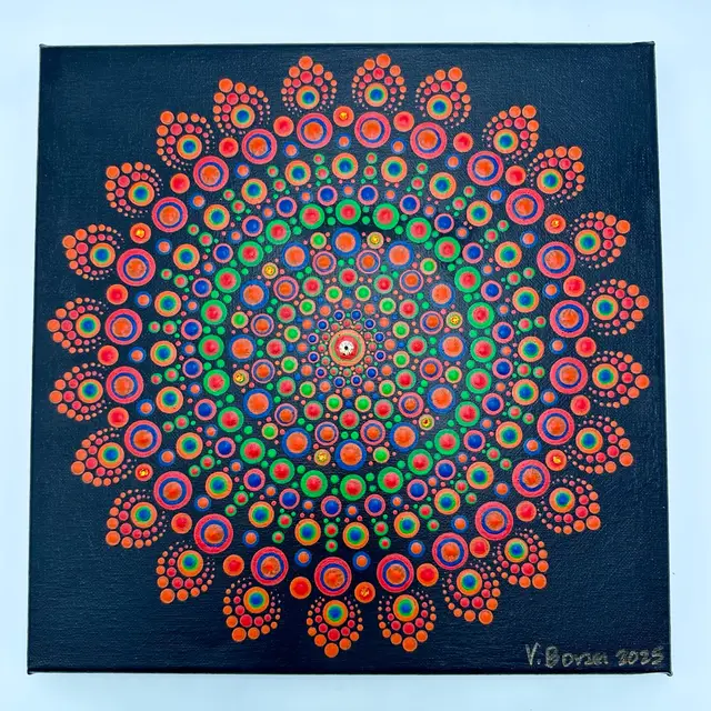 Glow Dot Mandala Acrylic Canvas Painting UV Reactive 12”x12” Swarovski Crystal Accents