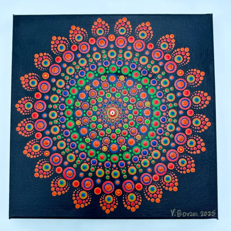 Glow Dot Mandala Acrylic Canvas Painting UV Reactive 12”x12” Swarovski Crystal Accents