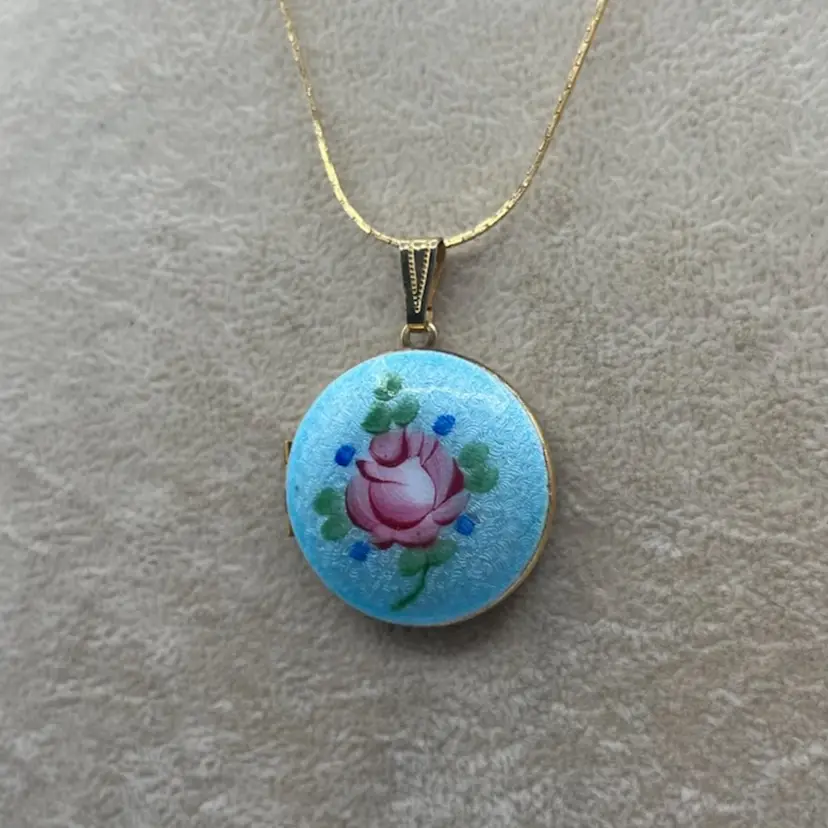 Blue Pink Rose Guilloche Enamel Locket Necklace Gold Tone - 28” Screw Back Chain