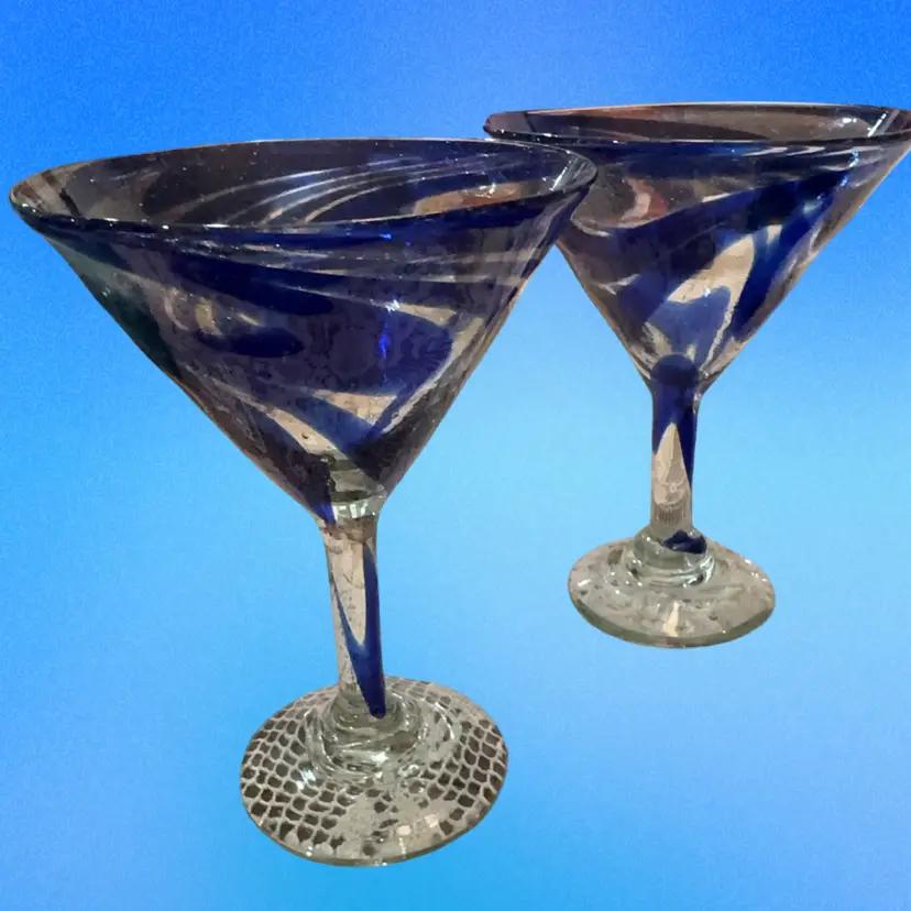 Set Of 2 Blown Cobalt Swirl Martini / Margarita Glasses