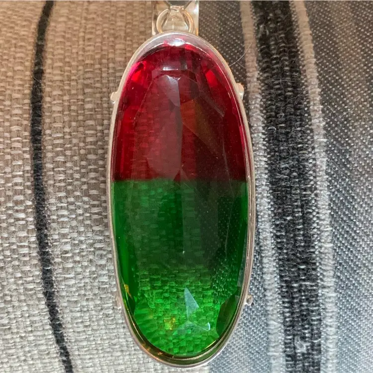 Vintage Sterling Silver  Bi-Color Tourmaline Gemstone  Pendant 3 Inches Long X 1 Inches