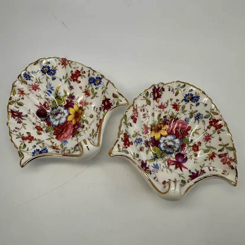 Vintage Hammersley Bone China England Rose Chintz Pattern Shell Shaped Trinket Dishes
