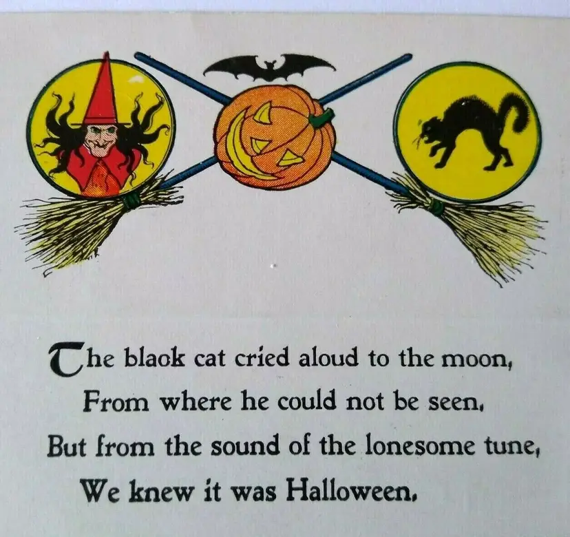 Antique Halloween Postcard Poem Gibson Witch Bat Black Cat 1912 Hallowell Maine