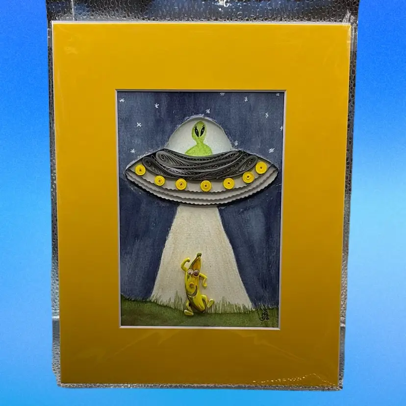 Original Watercolor Best Of The Bunch Alien Quilled Spaceship Vintage Banana Brooch 5x7” In 8x10” Matte