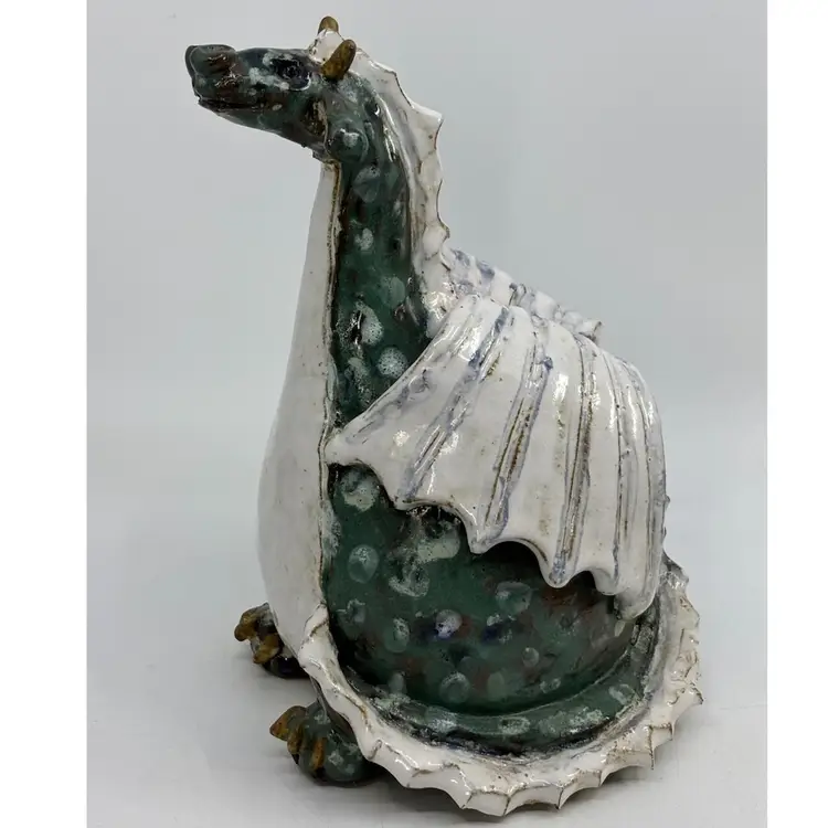 Sara Meadows Pottery 2023 Large Spotted Green Dragon Signed 9H 6L