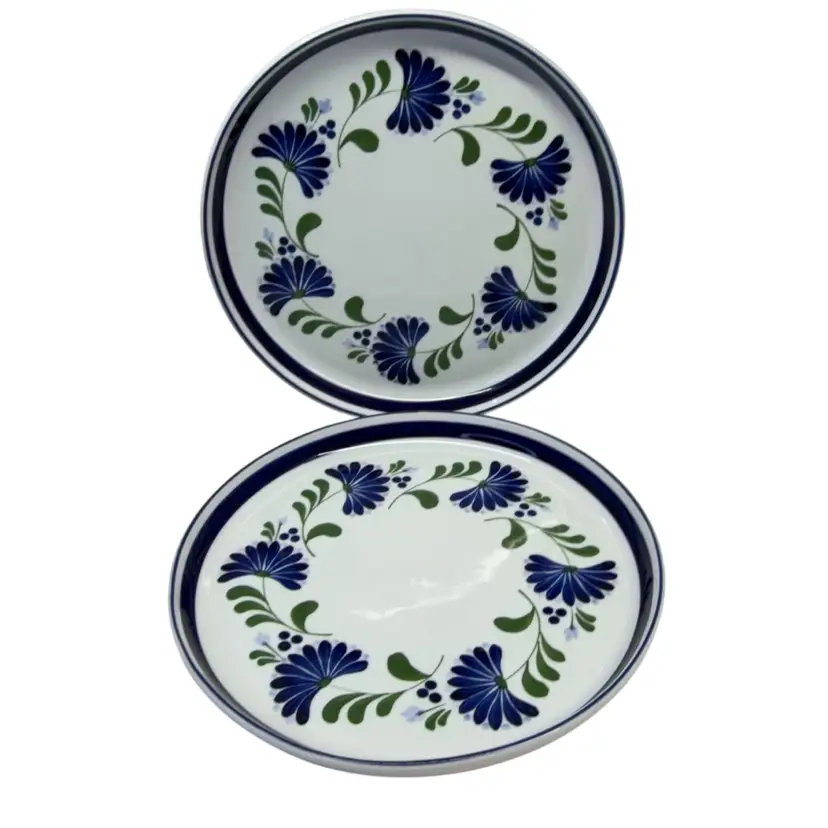 2 Dansk International 11" Dinner/Serving Plates Blue Floral Green Leaf Coupe Plates