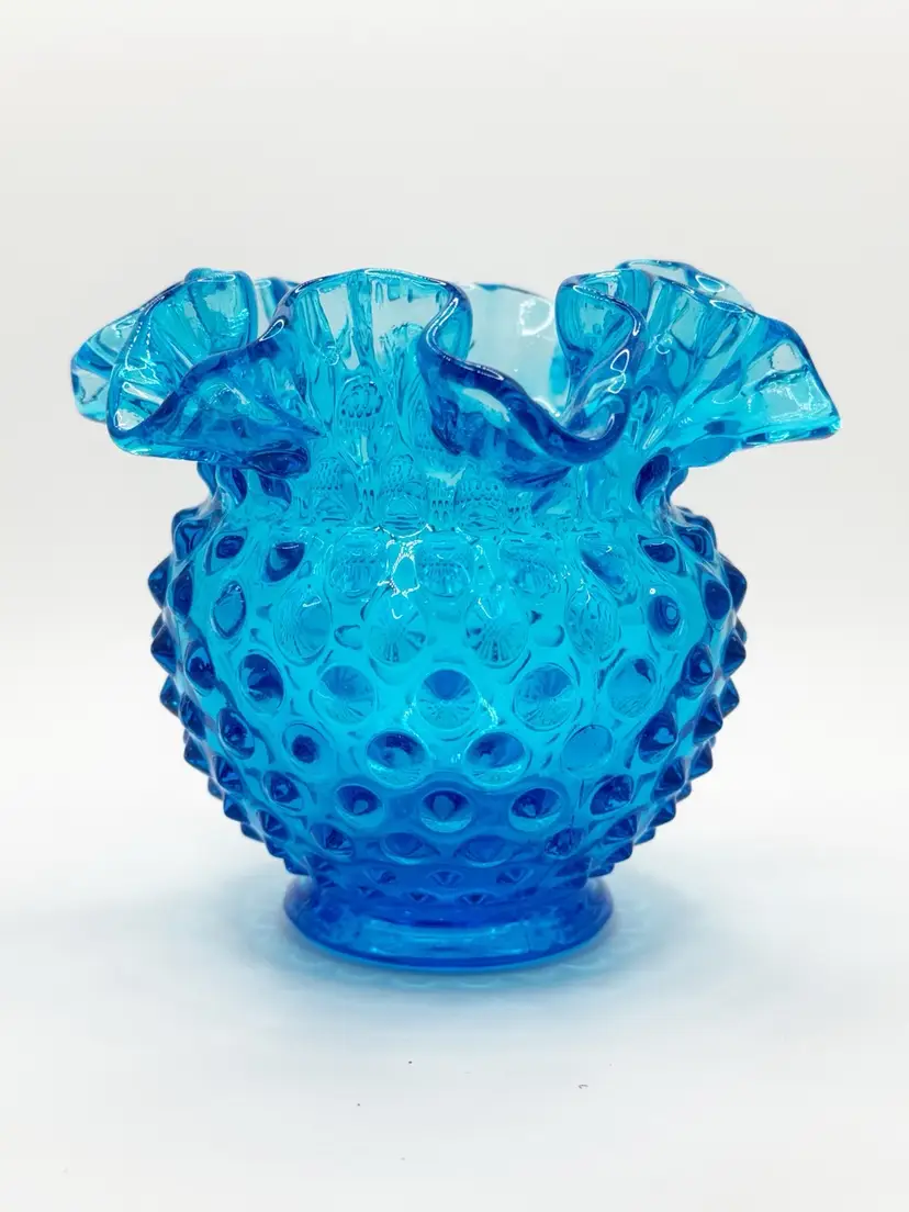 Fenton Colonial Blue Hobnail Ruffled Vase