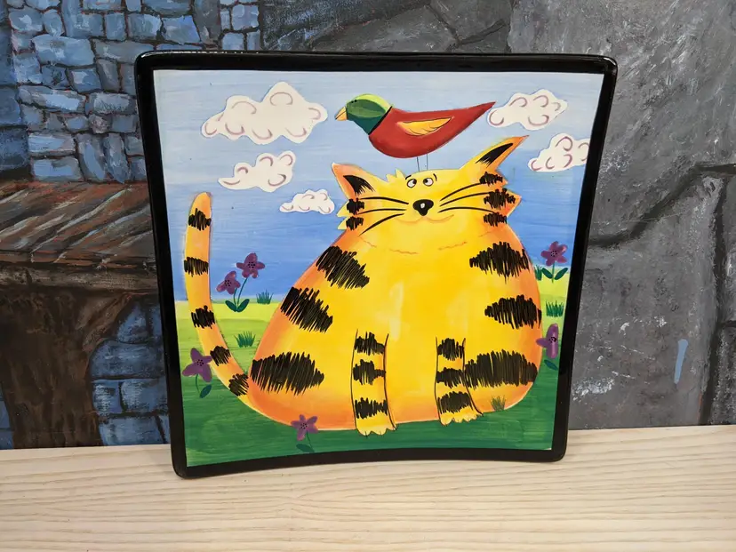 Mary Naylor Designs Happy Orange Cat Bird on Head Hand-Painted Decorative Hanging Plate Colorful