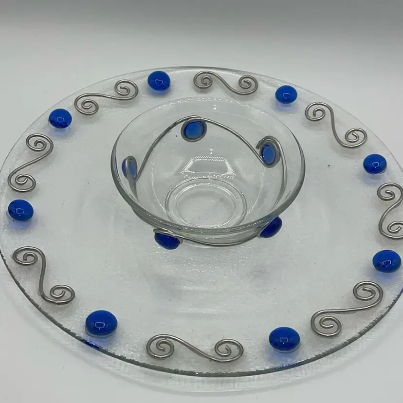 Handcrafted Wired Bead Wrapped Glass Artisan Snack Plate & Dip Bowl 13”