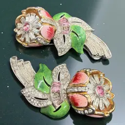1939 Coro Quivering Camellias Pink Enamel Rhinestone Duette Dress Clips READ