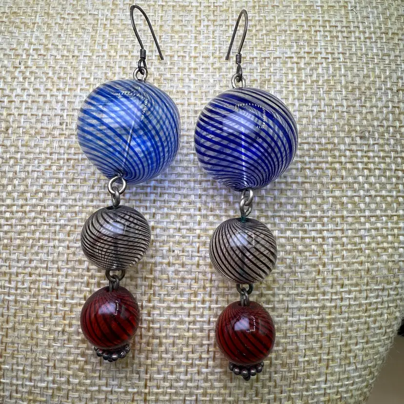 Murano Glass Laticcino Swirl 3 Drop Dangle Earrings On Sterling Silver French Hooks (tested)