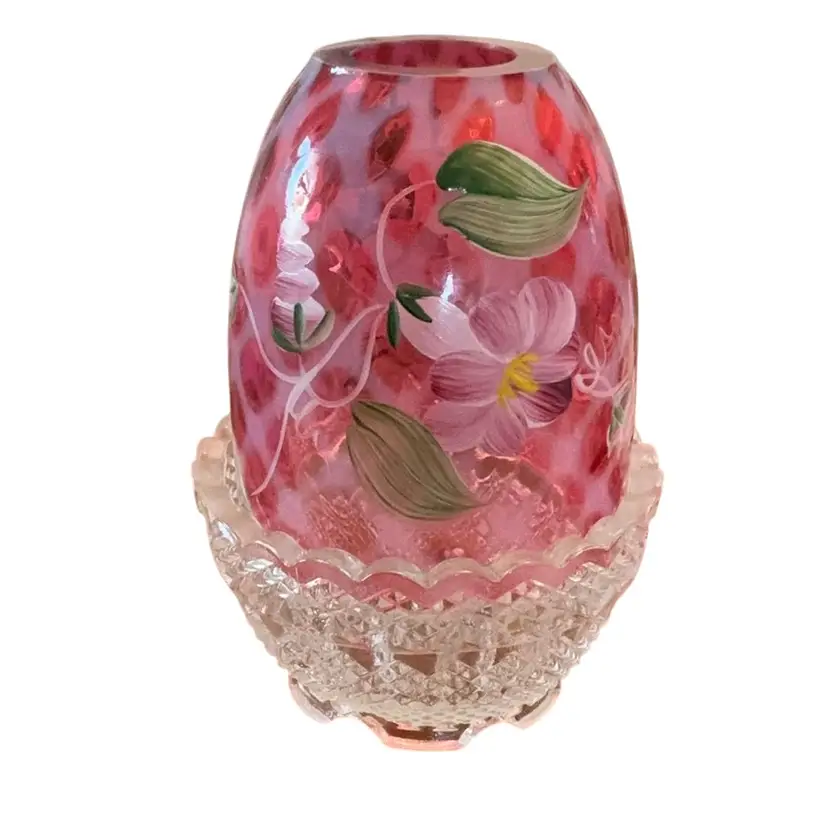 2-piece Fenton Cranberry Trellis Floral HP By Brian Fluharty (1994) Fairy Light 4 3/4” X 3”