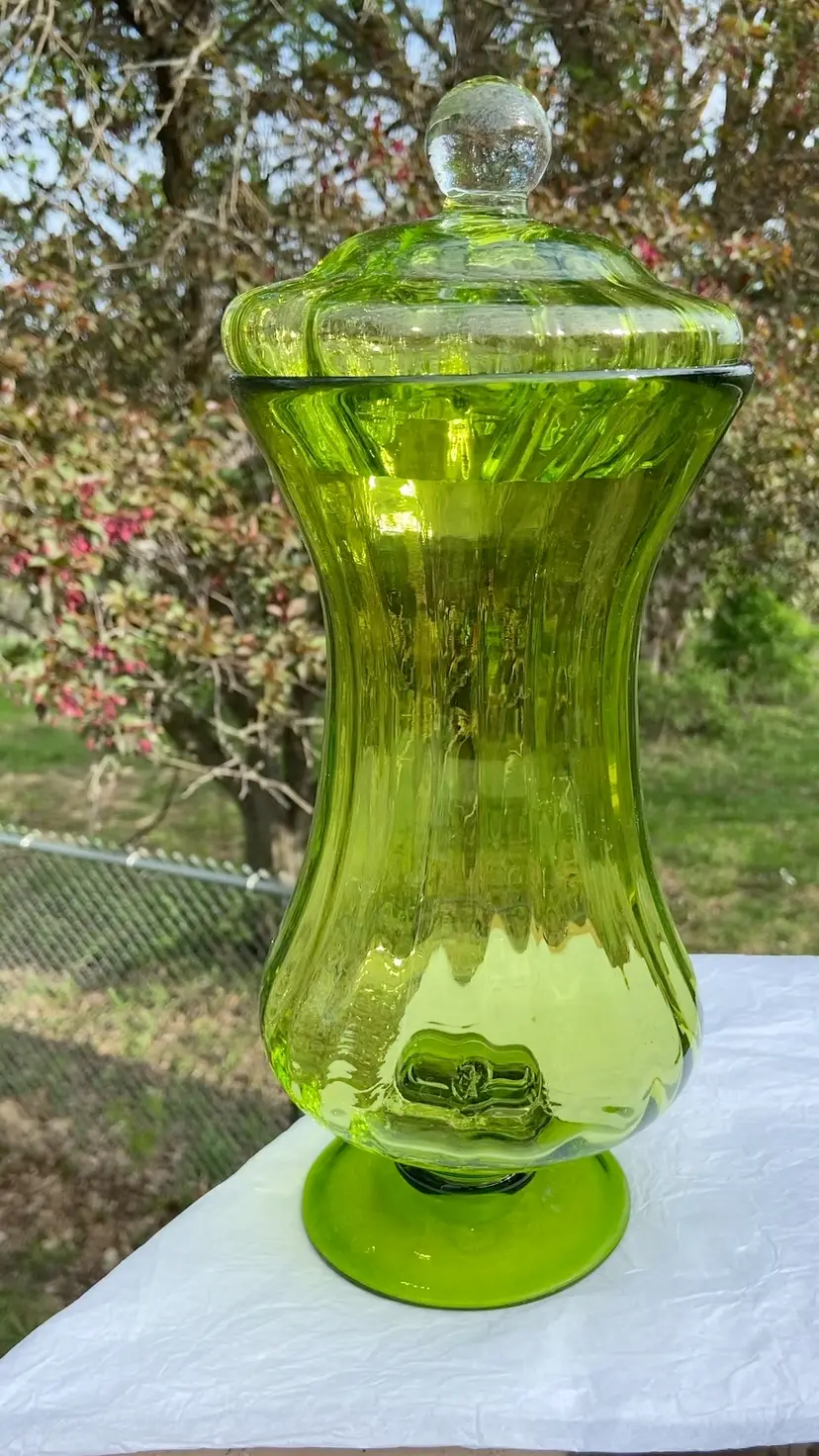 Footed Green Apothecary Jar With Lid. 12.5” Tall. Great Optics.