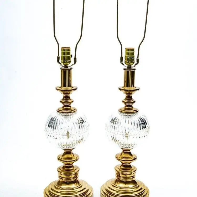 Pair of Vintage Table Lamps Large Crystal Orb Art Deco With Brass Base