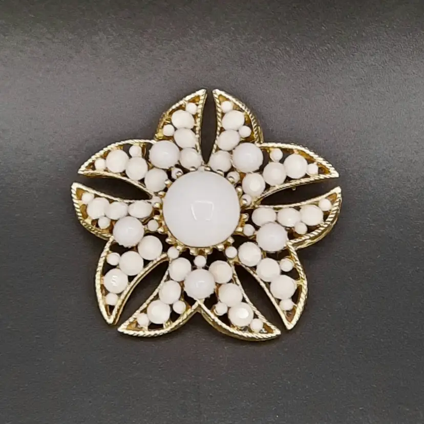 Vintage BSK White Cabochon Gold Tone Flower Brooch