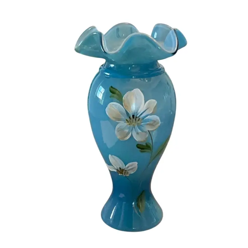 Fenton Indigo Blue Overlay White Floral HP By Dianna Barbour (1968-92)