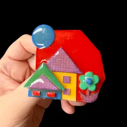 House Pins By Lucinda Lacquered Brooch - Jewel Tones Double Houses With Flower