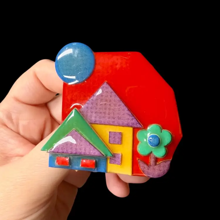 House Pins By Lucinda Lacquered Brooch - Jewel Tones Double Houses With Flower