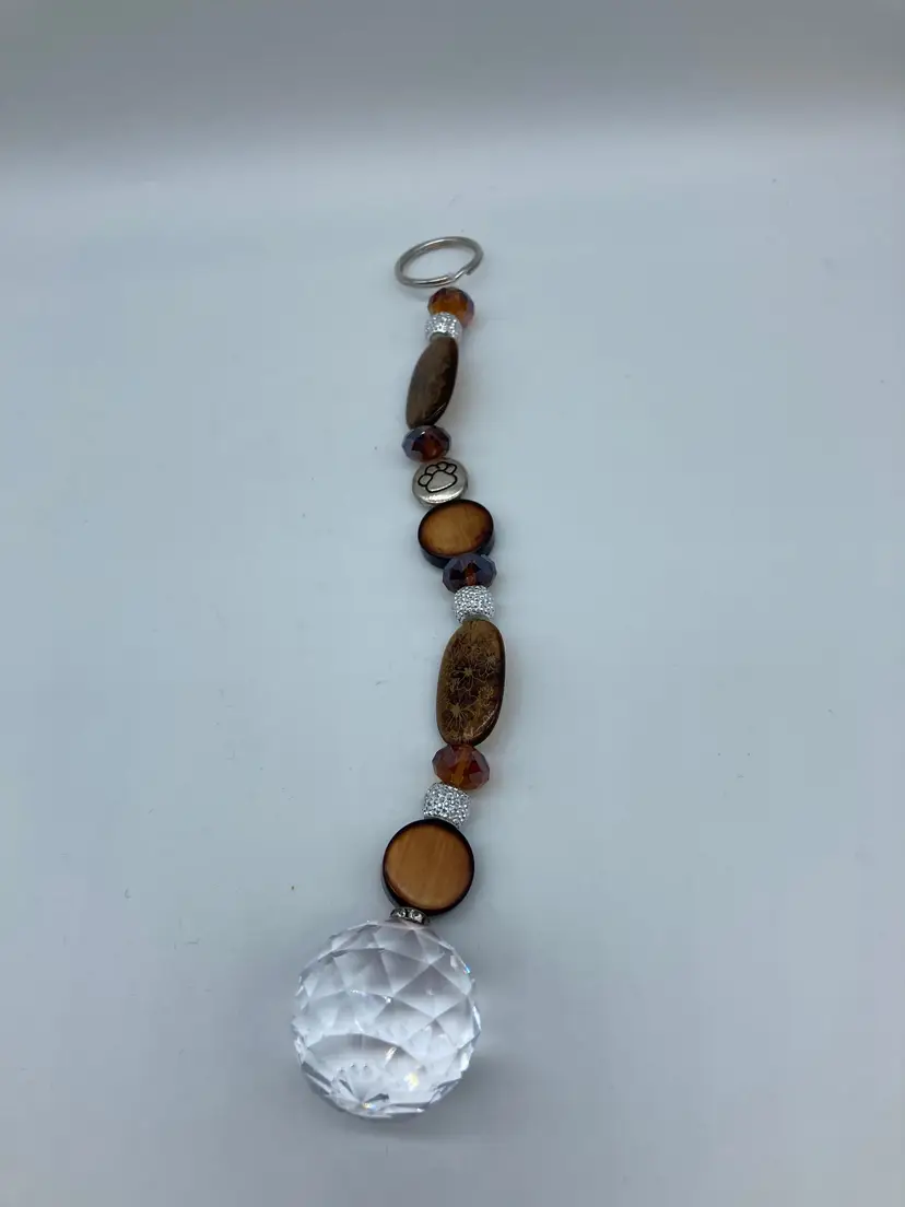 Beaded Suncatcher/Key Ring Brown Champagne Gold/Silver Clear Crystal Prism Hanging Patio Decor