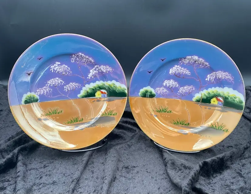 Pair (2) - MCM Japan Salad Plates, Orange/Blue Lusterware, Hand-Painted, 7.5"
