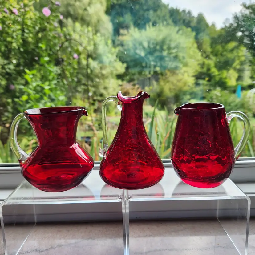 Pilgrim & Rainbow Glass Mini Pitcher Creamer Vase Set of 3 Ruby Red Crackle or Smooth w Clear Handles Glows 1980s Shelf Decor– USA