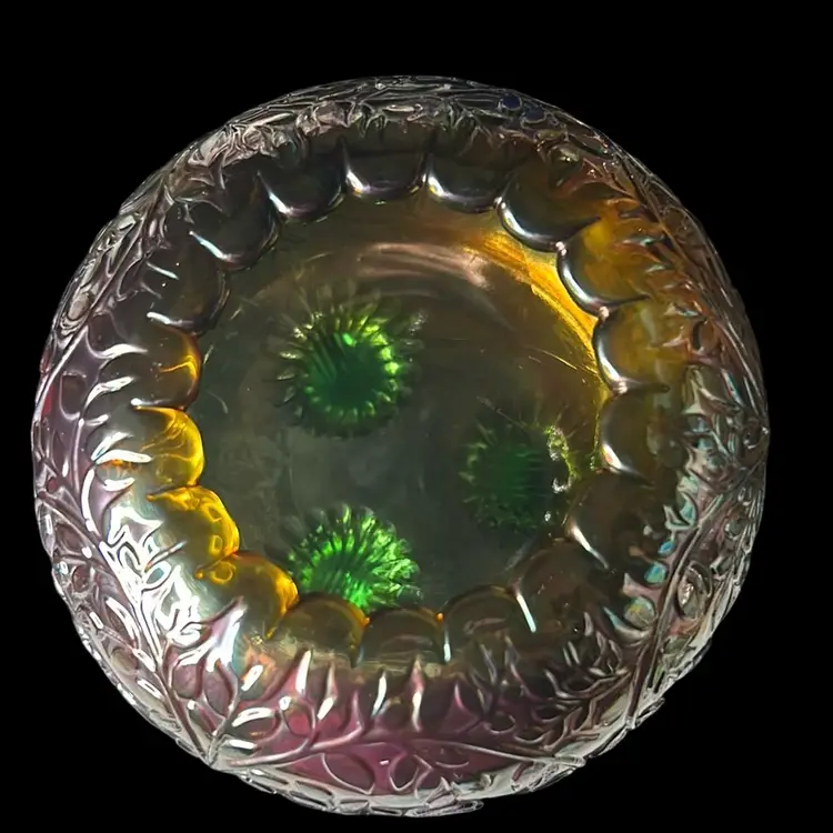 Vintage Westmoreland Louisa Teal/Golden Footed Carnival Glass Three Footed Rose Bowl - FEET GLOW