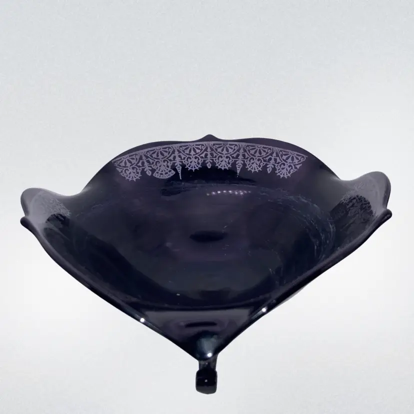 Vintage Footed Black Amethyst Glass Bowl!  Sterling Silver Overlay Pattern! 3 1/2” Tall 8 1/2” Wide! READ!