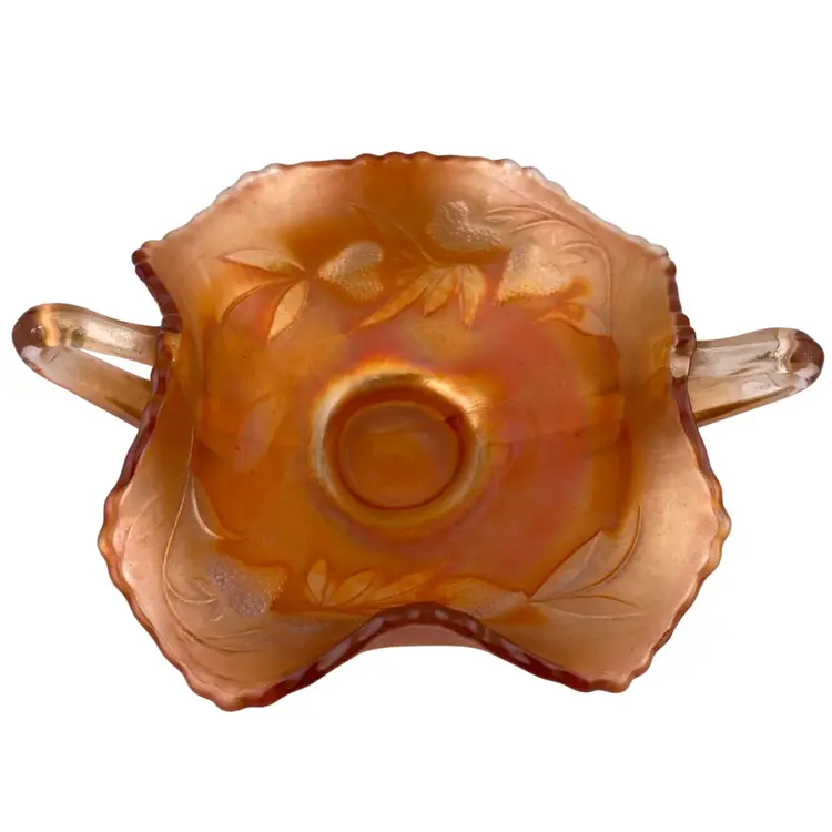 Carnival Glass Strawberry Bon Bon Bowl Marigold Handles Vintage