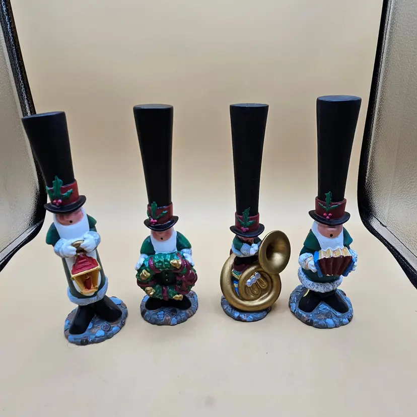 4 J. Adams Morth Pole Caroling Society Tall Hat Musical Figurines 1994, USA