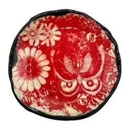 Signed Moss Girl Studio Art Pottery Trinket Dish Red Moth Butterfly Floral 4.5”