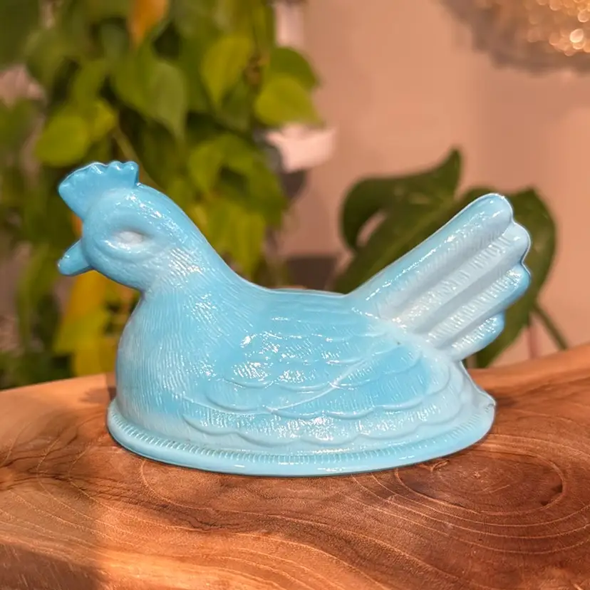 Vintage Blue Slag Glass Hen On Nest Top Only