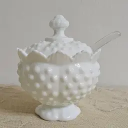 Fenton Hobnail Footed Covered Sugar Jam Condiment Jar w/ Glass Spoon