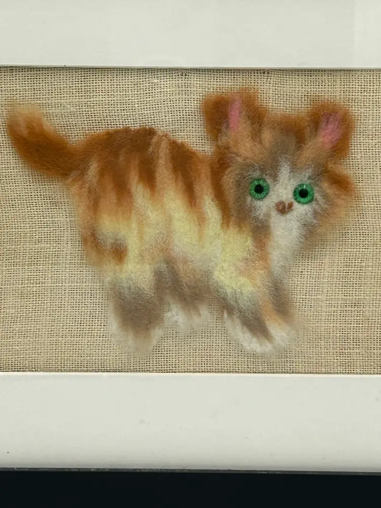 Japanese Bunka Embroidery Cat Fuzzy Art Framed RARE