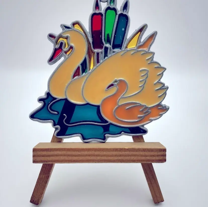 Vintage Stained Glass/Metal Suncatcher, Window Ornament, Yellow/Orange Swans on a Pond with Cat Tails