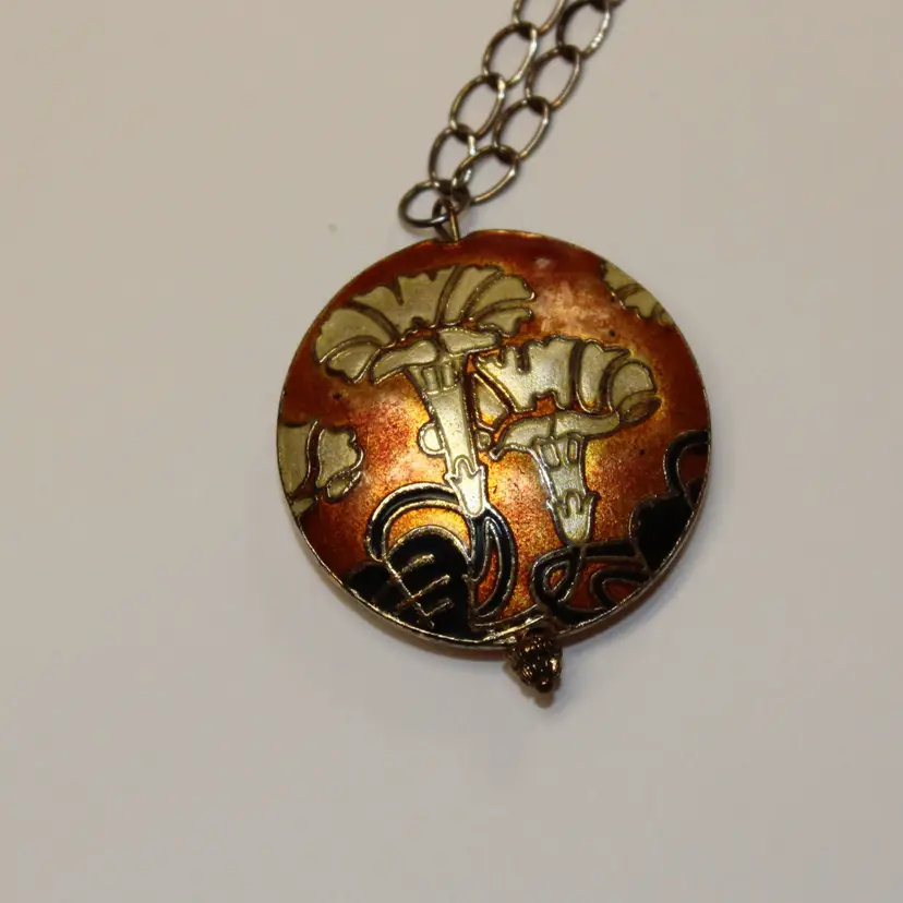 Vintage Double-sided Cloisonné Puff Pendant with trumpet flowers