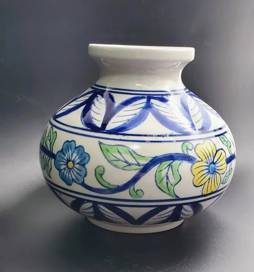 Hand Painted Ceramic Vase Blue Yellow Floral 6.25" x 7"