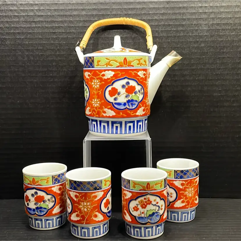 Japanese Imari Takahashi Porcelain Bamboo Sake Teapot With 4 Cups Floral Flower Stamp