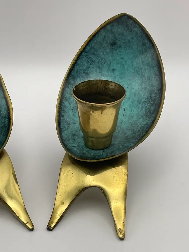 Pair of 2 Vintage Oppenheim Brass Enamel Art Deco Shabbat Candle Holders Israel