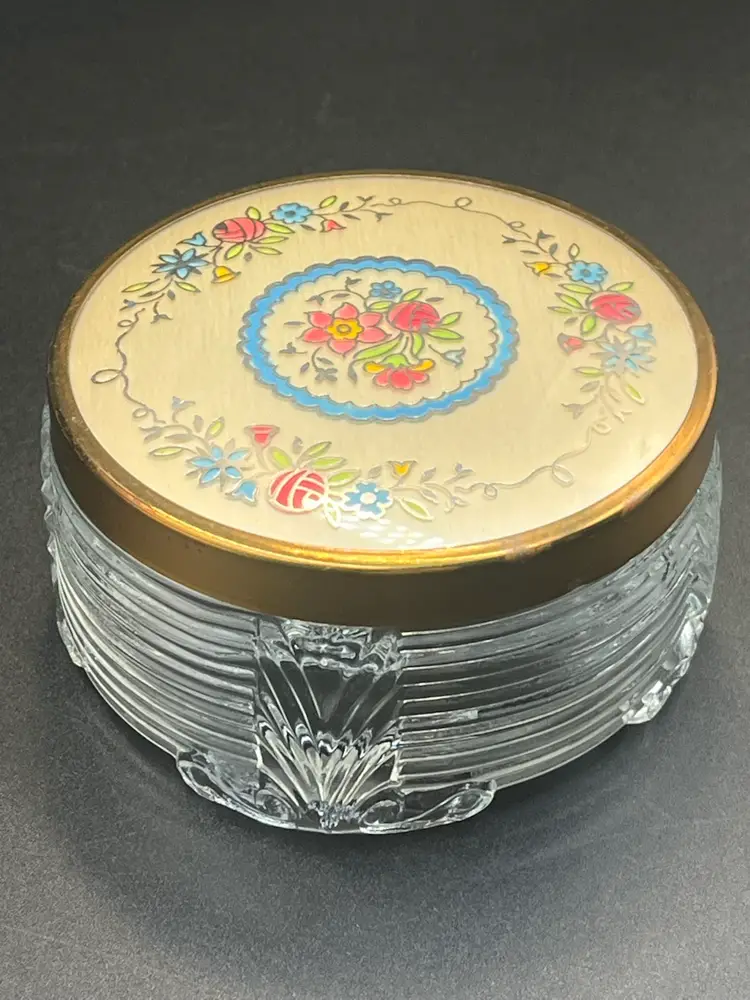 Art Deco Glass Vanity Powder Jar With Blue Ring And Floral Lid
