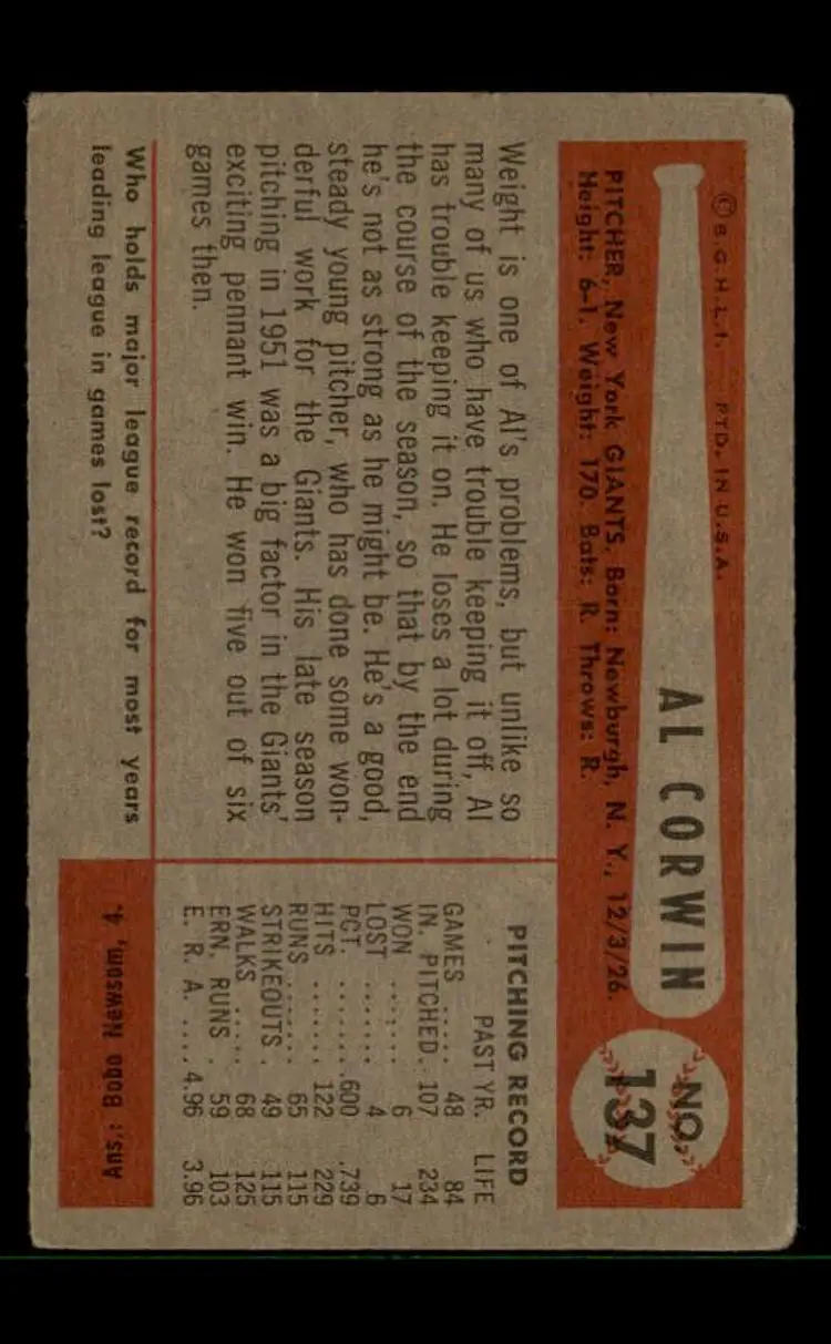 1954 Bowman #137 Al Corwin - (pk-tl3) - New York Giants