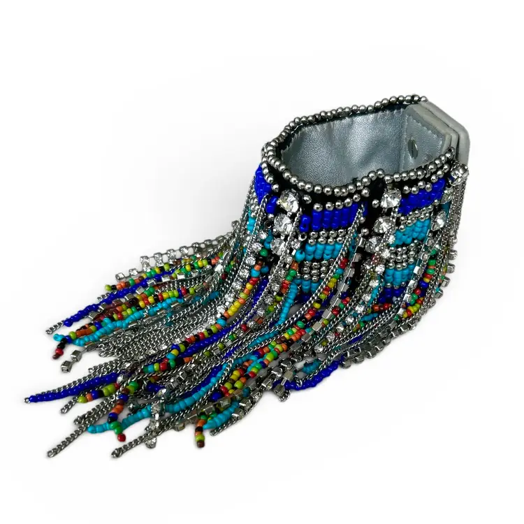 Hand Beaded Silver Tone Boho Fringe Colorful Seed Bead Cuff Bracelet