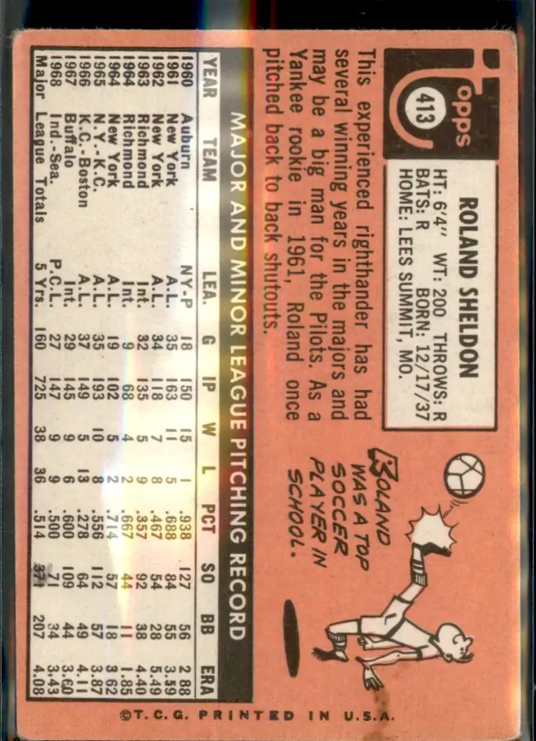 1969 Topps #413 Roland Sheldon - (pk3) - Seattle Pilots