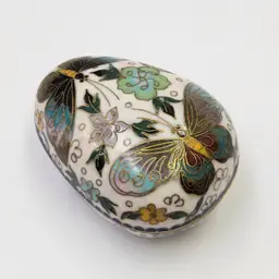 Vintage Cloisonne Butterflies Egg Shaped Trinket Box