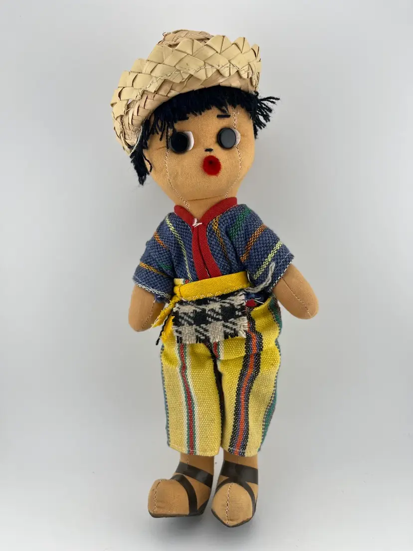 South American Folk Art Boy Doll w/ Sandals.  Cute Facial Expression!!