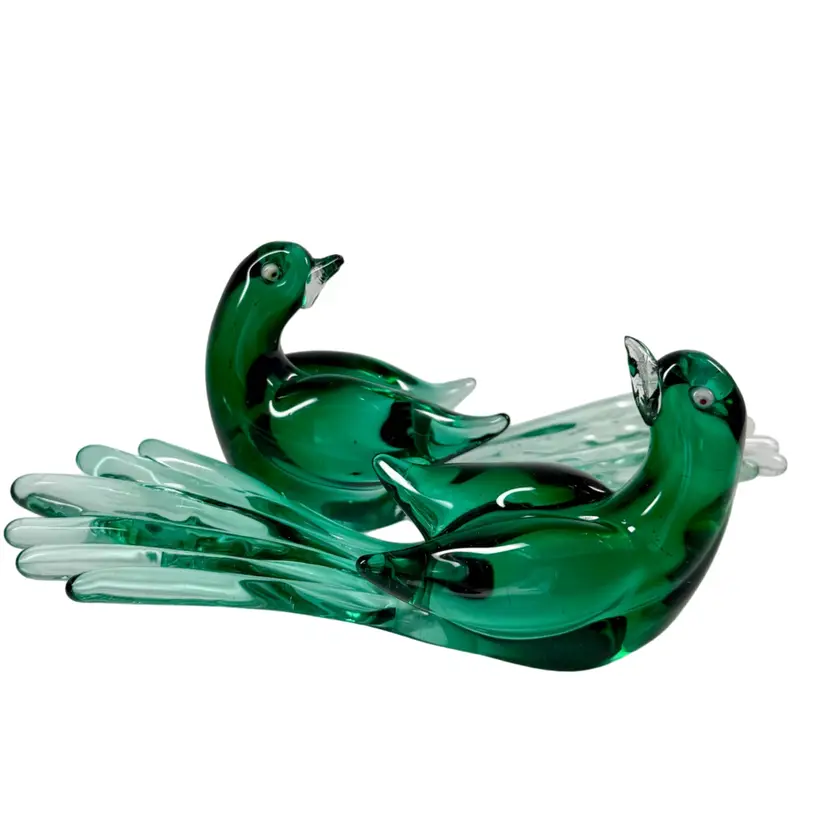 Vintage Pair Of Art Glass Bird Figurines Emerald Green Glow - READ
7.5” L x 3.5” T x 2.5” W