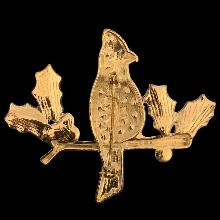 Red Rhinestone Cardinal Sitting On A Holly Branch Christmas Brooch