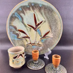 Seize The Clay Collection - Japanese Art Pottery Decorative Plate & Royce Yoder Candlestick Holders.